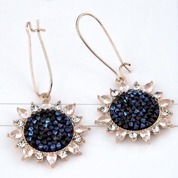 Blue Crushed Gem Sunflower Ear Wire Earrings - Picture 2 of 8
